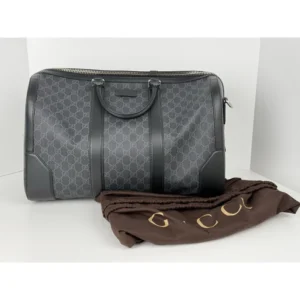 Gucci Large Savoy Duffle Bag GG Supreme Monogram Grey/Black Calfskin Trim