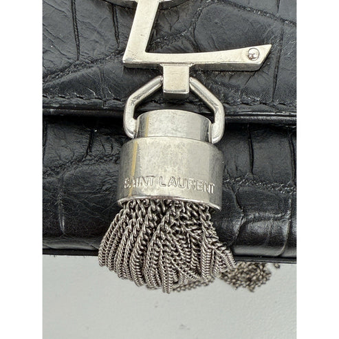 SAINT LAURENT Calfskin Crocodile Embossed Medium Kate Tassel Crossbody Black - Image 14